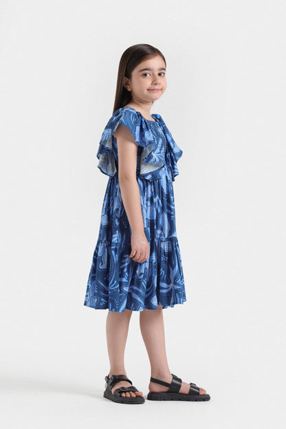 Printed Dress with Ruffled Sleeves